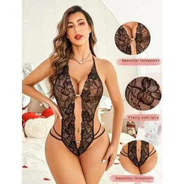 Avidlove Womens Lingerie Halter V Neck Lace Teddy Bodysuit Mini Babydoll Black X-Small