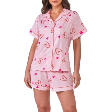 Womens Valentin's Day Pajamas Shorts Set Two-piece Pj Sets Heart Print Sleepwear Loungewear Button-D...