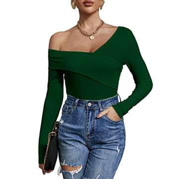 Uvog Women's Sexy Slim Fit Off Shoulder Long Sleeve V Neck Cross Wrap Top Shirt Green XL