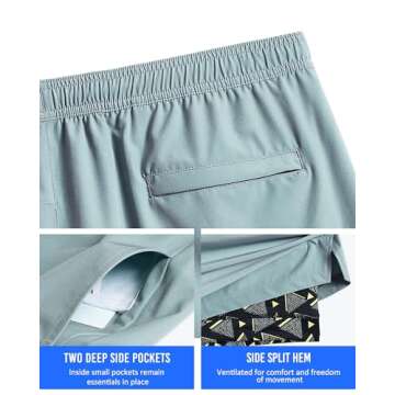 maamgic Mens 5" Gym Running Shorts for Men 2 in 1 Quick Dry Workout Athletic Shorts Gray Triangle Medium