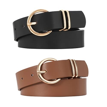 VONMELLI 2 Pack Women's Leather Belts for Jeans Dresses Fashion Gold Buckle Ladies Belt Black+Light ...