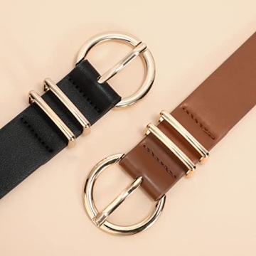 VONMELLI 2 Pack Women's Leather Belts for Jeans Dresses Fashion Gold Buckle Ladies Belt Black+Light Coffee,M