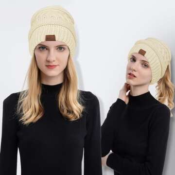 Rosoz 1&2 Packs Ponytail Beanie for Women, Winter Warm Beanie Tail Soft Stretch Cable Knit Messy Hig...
