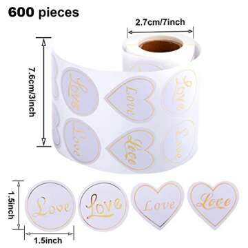 600 Pieces Wedding Love Stickers Sealing Label Stickers Round Clear Stickers with Gold Love Pattern for Wedding Party Invitation, Greeting Cards and Party Supplies