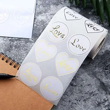 600 Pieces Wedding Love Stickers Sealing Label Stickers Round Clear Stickers with Gold Love Pattern for Wedding Party Invitation, Greeting Cards and Party Supplies