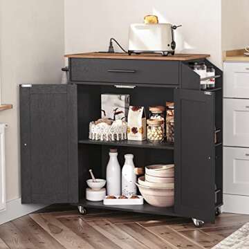 HOOBRO Kitchen Island with Power Outlet, Kitchen Storage Island with Spice Rack and Drawer, Rolling Kitchen Cart on Wheels, for Home, Kitchen and Dining Room, Rustic Brown and Black