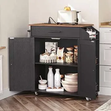 HOOBRO Kitchen Island with Power Outlet, Kitchen Storage Island with Spice Rack and Drawer, Rolling Kitchen Cart on Wheels, for Home, Kitchen and Dining Room, Rustic Brown and Black