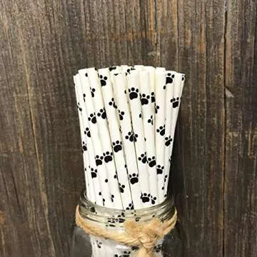 Dog Theme Paw Print Paper Drinking Straws - Black White - 7.75 inches - 50 Pack - Outside The Box Papers Brand