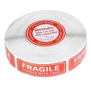 Methdic Fragile Stickers - 1"x 3" Strong Adhesive Fragile Labels 1 Roll/1000 Labels(Handle with Care,Fragile) Stickers for Shipping and Moving