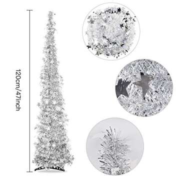 Artificial Christmas Tree Metal Stand, Glittery Tinsel Christmas Tree, 47inch Collapsible Xmas Trees...