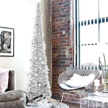 Artificial Christmas Tree Metal Stand, Glittery Tinsel Christmas Tree, 47inch Collapsible Xmas Trees with Plump Sequin for Holiday Decor - Easy to Assemble (Silver)