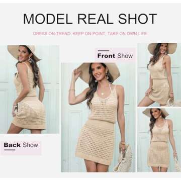 Dokotoo Women's Swimwear Cover Ups 2025 Summer Scoop Neck Sleeveless Bathing Suit Crochet Hollow Out Spaghetti Straps Resort Wear Outfits Beach Dresses for Women Apricot Large