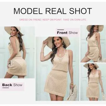 Dokotoo Women's Swimwear Cover Ups 2025 Summer Scoop Neck Sleeveless Bathing Suit Crochet Hollow Out Spaghetti Straps Resort Wear Outfits Beach Dresses for Women Apricot Large