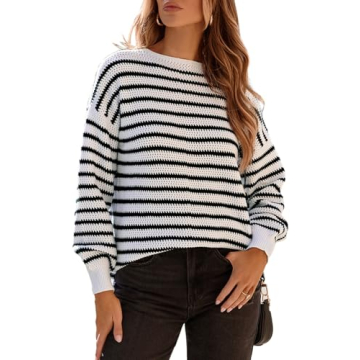 Dokotoo Striped Side Split Oversized Crewneck Sweater for Women - Comfy Chic Fall Fashion