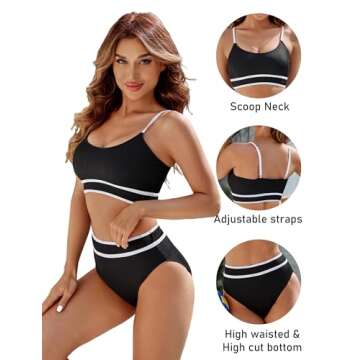BMJL Women's High Waisted Bikini Ribbed Two Piece Swimsuit High Cut Color Block Adjustable Straps Bathing Suit(XL,Black)