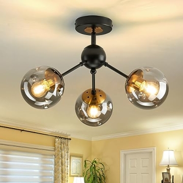 SZXYKEJI 3-Light Chandelier ，Vintage Semi Flush Mount Ceiling Light Fixture with Glass Globe， Bl...