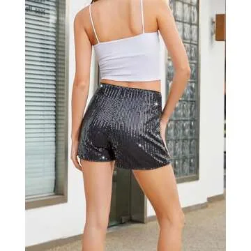 Geynaw Sequin Shorts for Women High Waist Elastic Sparkly Straight Leg Shorts Glitter Sparkle Shorts Solid Party Shorts(A2502-Black-XS