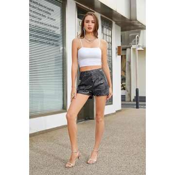 Geynaw Sequin Shorts for Women High Waist Elastic Sparkly Straight Leg Shorts Glitter Sparkle Shorts Solid Party Shorts(A2502-Black-XS