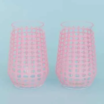 Lilly Pulitzer Stemless Wine Glass Set of 2, Large Acrylic Wine Glasses, 22 Ounce Plastic Cocktail Cups for Indoor/Outdoor, Conch Shell Pink Caning