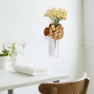 Gold Hand Vase, Wall Mounted Decor - Hanging Statue for Living Rooms & Entrance