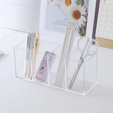 Acrylic Pen Holder 4 Compartments Clear Pencil Holder Organizer Makeup Brush Holder