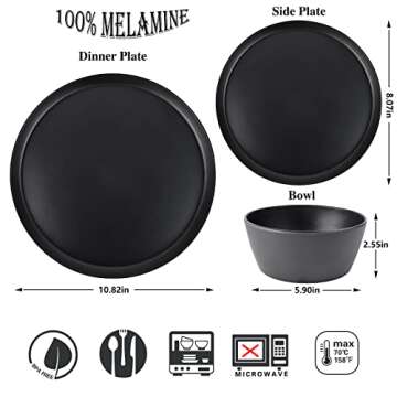 afcevnlb 12-Piece Plastic Dinnerware Set Plates and Bowls Sets Service for 4 Matte Black Melamine Pl...
