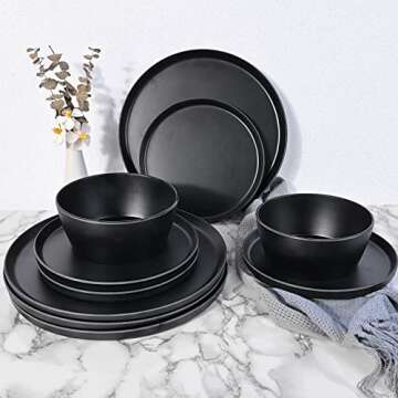 afcevnlb 12-Piece Plastic Dinnerware Set Plates and Bowls Sets Service for 4 Matte Black Melamine Plates Unbreakable Plastic Outdoor Camping Dishes Decor Dishwasher Safe