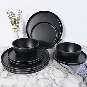afcevnlb 12-Piece Plastic Dinnerware Set Plates and Bowls Sets Service for 4 Matte Black Melamine Plates Unbreakable Plastic Outdoor Camping Dishes Decor Dishwasher Safe