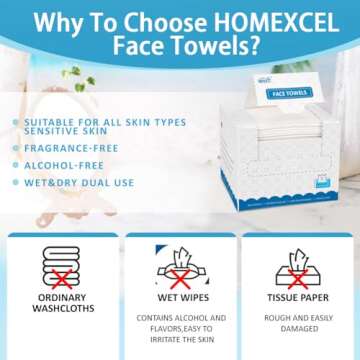 HOMEXCEL Face Towels, Disposable Face Towelette, Biodegradable Makeup Remover Dry Wipes 50 Count, Super Soft Clean Facial Towels Wash Cloth for Sensitive Skin