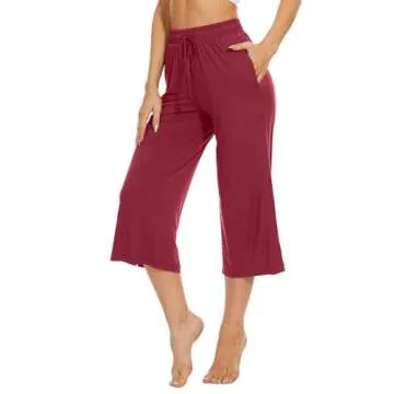 WiWi Women's Capri Pajama Pants Viscose from Bamboo Lounge Casual Bottoms Soft Sleep Capris Pant with Drawstring S-XXL, Wine, Large