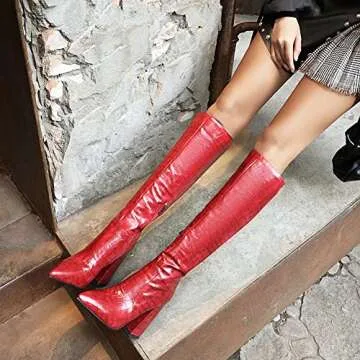 MRKEWUNEY Women Elegant Dress Boots Knee High Zipper Slim High Boots Pointed Toe Block Heels Pleated Boots Wedding Party Heels Long Boots Red Size 41