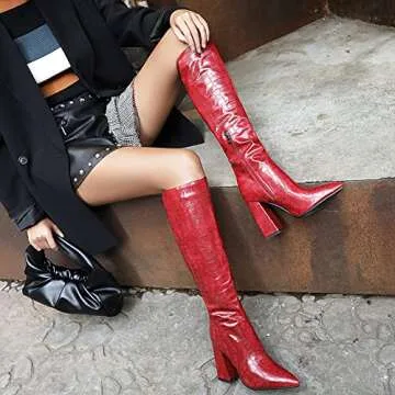 MRKEWUNEY Women Elegant Dress Boots Knee High Zipper Slim High Boots Pointed Toe Block Heels Pleated Boots Wedding Party Heels Long Boots Red Size 41