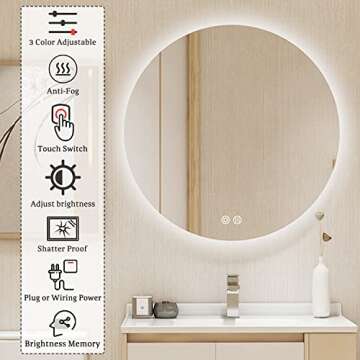 BuLife 24 Inch Round LED Bathroom Mirror Backlit Anti-Fog 3 Colors Light Dimmable Wall Mounted Light...