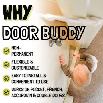 Door Buddy Child Proof Door Lock & Cat Door Stopper. Adjustable Door Strap Latch to Baby Proof Door & Keep Toddler out of Cat Food & Litter Box. Easy Pet & Baby Gate with Cat Door Interior Alternative