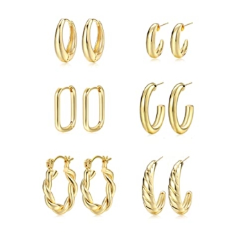 14K Gold Plated Hoop Earrings Set for Women - Hypoallergenic & Stylish