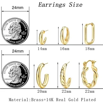 14K Gold Plated Hoop Earrings Set Women Hypoallergenic