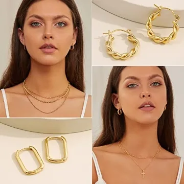 14K Gold Plated Hoop Earrings Set Women Hypoallergenic