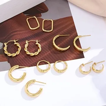 14K Gold Plated Hoop Earrings Set Women Hypoallergenic