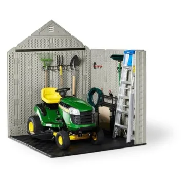 Rubbermaid 7 Foot by 7 Foot Weatherproof Outdoor Storage Shed for Garden Tools and Lawn Machinery Organization with Lockable Double Door, Sandstone