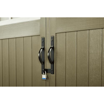 Rubbermaid 7 Foot by 7 Foot Weatherproof Outdoor Storage Shed for Garden Tools and Lawn Machinery Organization with Lockable Double Door, Sandstone