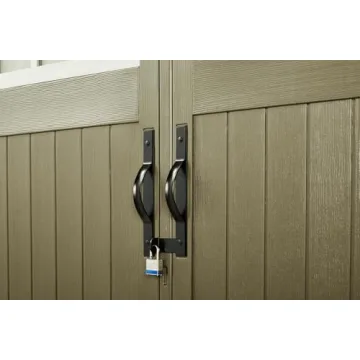 Rubbermaid 7 Foot by 7 Foot Weatherproof Outdoor Storage Shed for Garden Tools and Lawn Machinery Organization with Lockable Double Door, Sandstone