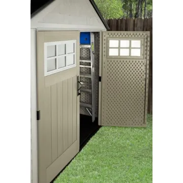 Rubbermaid 7 Foot by 7 Foot Weatherproof Outdoor Storage Shed for Garden Tools and Lawn Machinery Organization with Lockable Double Door, Sandstone