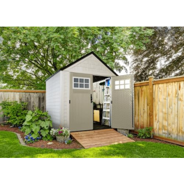 Rubbermaid 7 Foot by 7 Foot Weatherproof Outdoor Storage Shed for Garden Tools and Lawn Machinery Organization with Lockable Double Door, Sandstone