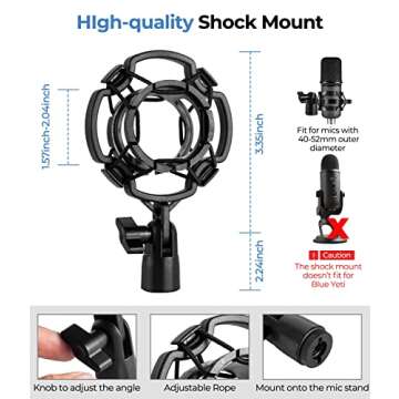 BILIONE Multifunctional Desktop Microphone Stand, Adjustable Mic Stand Desk with Pop Filter, Shock Mount, Microphone Clip, 5/8" to 3/8" Metal Screw Adapter