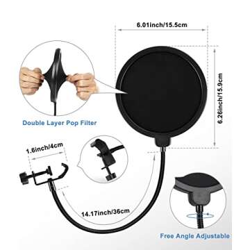 BILIONE Multifunctional Desktop Microphone Stand, Adjustable Mic Stand Desk with Pop Filter, Shock Mount, Microphone Clip, 5/8" to 3/8" Metal Screw Adapter