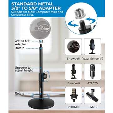 BILIONE Multifunctional Desktop Microphone Stand, Adjustable Mic Stand Desk with Pop Filter, Shock Mount, Microphone Clip, 5/8" to 3/8" Metal Screw Adapter