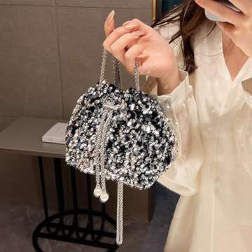 NIUEIMEE ZHOU Sequin Bucket Bags for Women Sparkly Crossbody Purses with Drawstring Small Hobo Shoulder Handbags, Silver