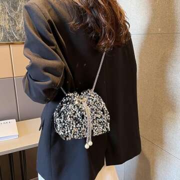 NIUEIMEE ZHOU Sequin Bucket Bags for Women Sparkly Crossbody Purses with Drawstring Small Hobo Shoulder Handbags, Silver
