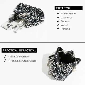 NIUEIMEE ZHOU Sequin Bucket Bags for Women Sparkly Crossbody Purses with Drawstring Small Hobo Shoulder Handbags, Silver