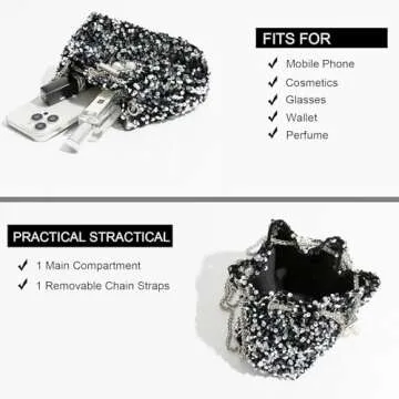 NIUEIMEE ZHOU Sequin Bucket Bags for Women Sparkly Crossbody Purses with Drawstring Small Hobo Shoulder Handbags, Silver